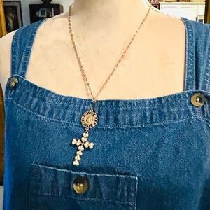 Pearl Rhinestone Cross Statement Necklace Gold Tone Goth Victorian
